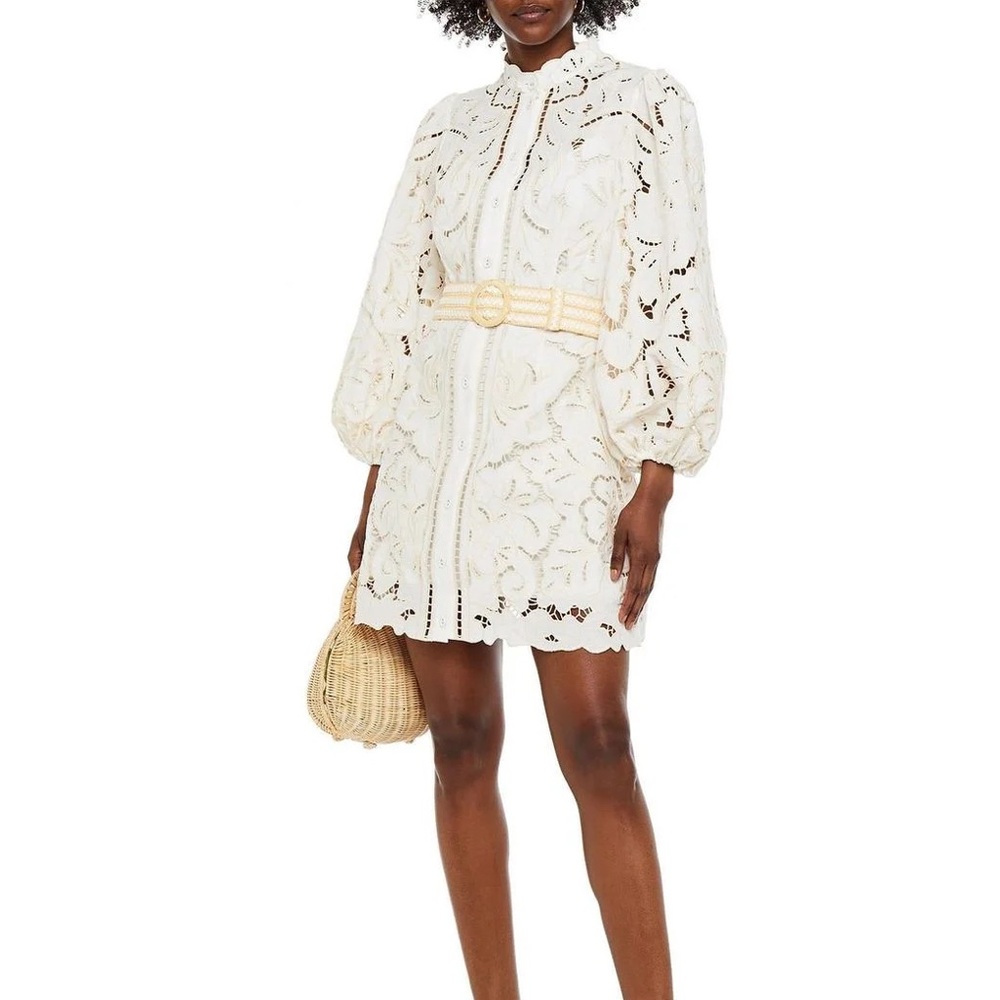 Zimmerman - Empire belted broderie anglaise linen and cotton-blend mini dress